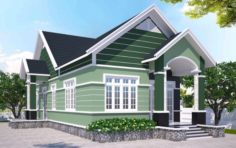 Mặt tiền nhà cấp 4 với gam màu xanh lá cực mát mắt, thanh thoát