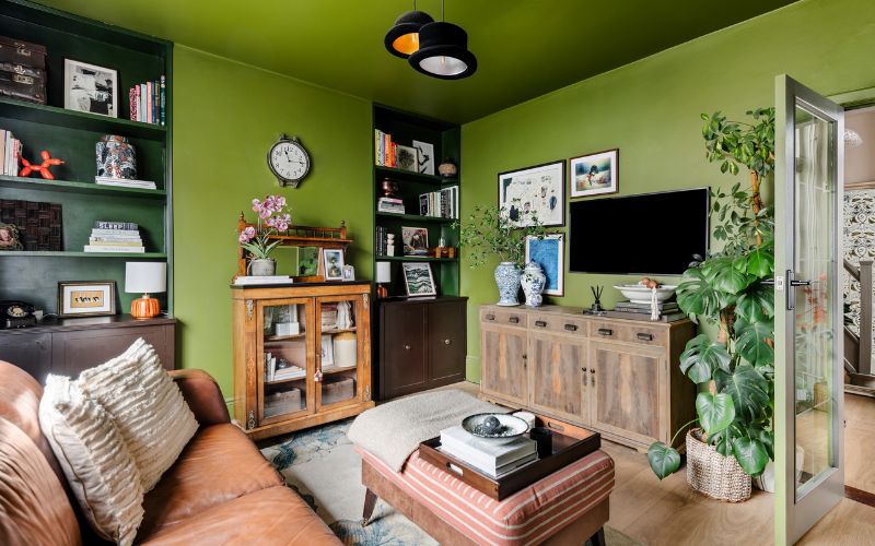 Phòng khách Vintage màu xanh lá cây đơn giản và hiện đại