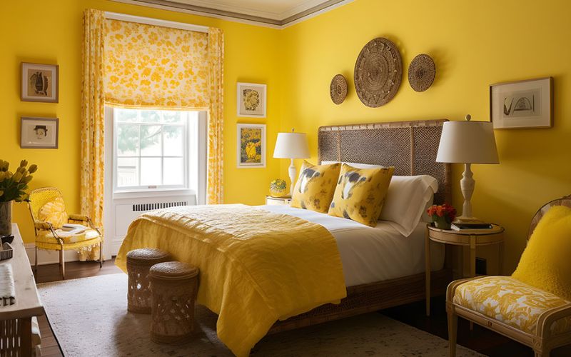 Phòng ngủ Retro màu vàng mang đến một không gian tươi sáng, sinh động