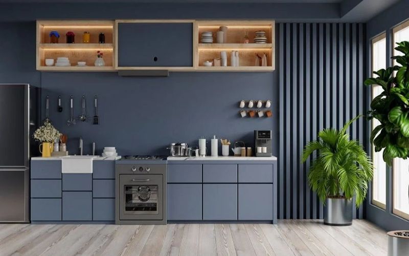 Phòng bếp hiện đại trở nên phóng khoáng hơn với gam màu xanh dương