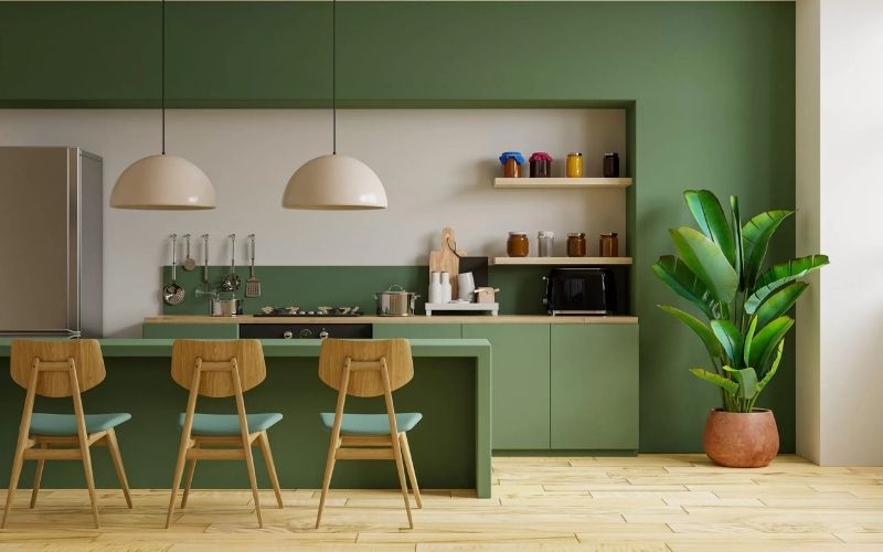 Phòng bếp tối giản xanh lục, bố trí cây xanh tươi mát cho mệnh Mộc