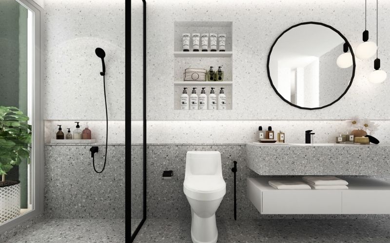 Mẫu nhà vệ sinh tối giản với bồn cầu thông minh ốp tường