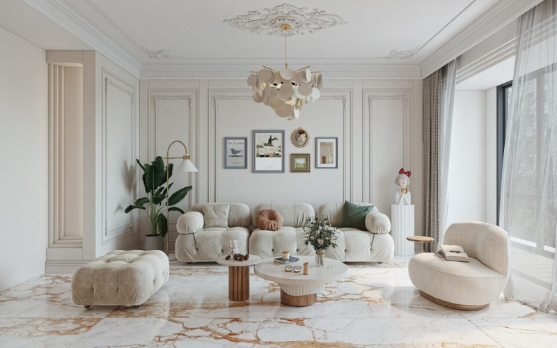 Mẫu phòng khách ốp gạch nền viền loang mang đến cái nhìn mới lạ