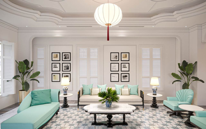 Mẫu phòng khách Indochine ốp gạch nền với họa tiết tinh tế