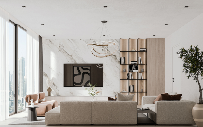 Phòng khách hiện đại ốp gạch tường giả đá cực ấn tượng