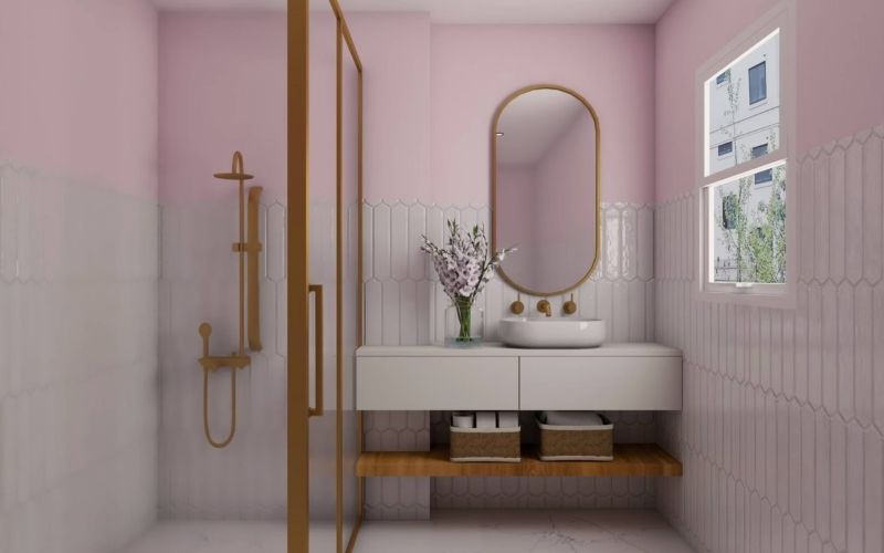 Phòng tắm tối giản màu hồng nhạt với thiết kế cửa sổ thoáng đãng