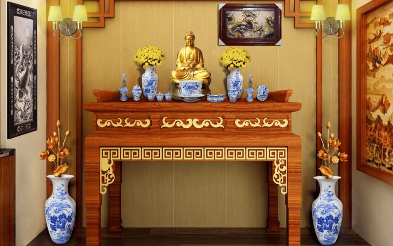Phòng thờ màu nâu đất mang lại cảm giác trang nghiêm