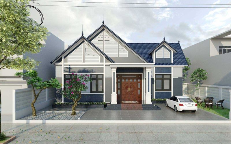 Nhà cấp 4 mái thái màu nâu đất với nội thất cửa gỗ sang trọng
