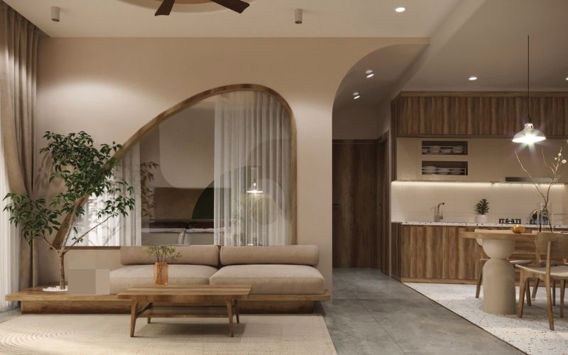 Phòng khách liền bếp chung cư màu nâu nhạt, thiết kế tối giản trang nhã