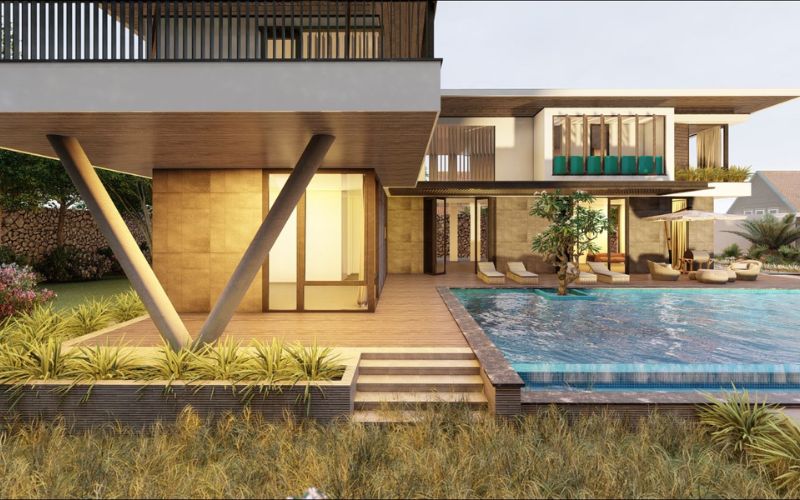 Biệt thự màu nâu đất view hồ bơi, sân vườn cực phóng khoáng, hút mắt
