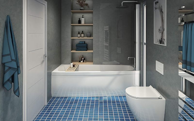 Phòng tắm màu xám với thiết kế kệ để đồ ốp tường cực hiện đại