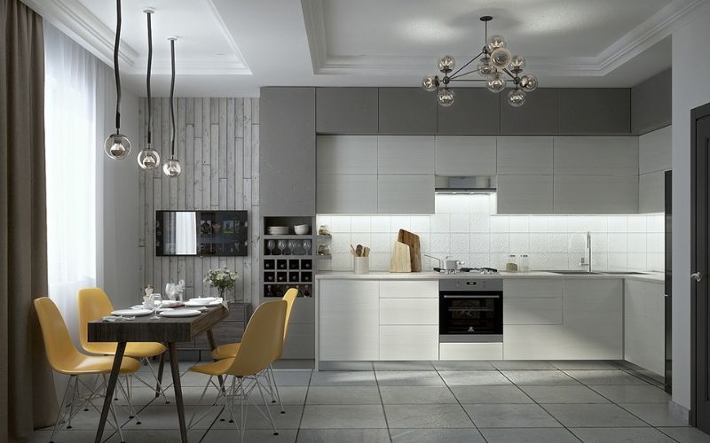 Phòng bếp hiện đại màu xám kết hợp bàn ăn cực tiện lợi
