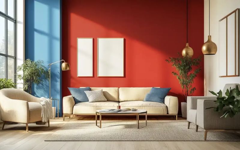 Phòng khách tối giản với tường đỏ và xanh làm nổi bật không gian