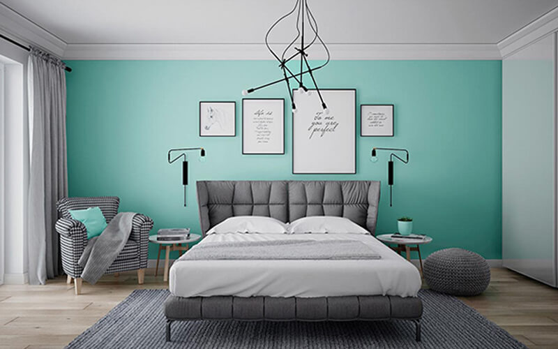 sơn trang trí phòng ngủ bằng màu xanh ngọc bích