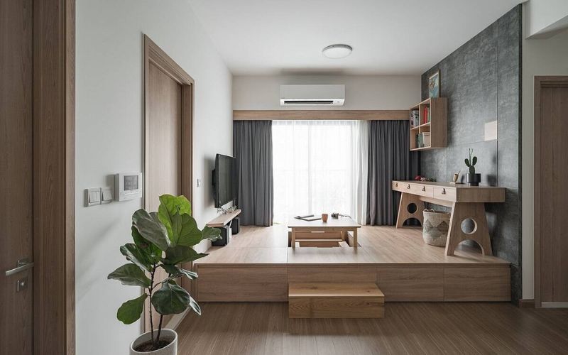 Mẫu vách thạch cao màu xám kết hợp kệ tủ tiện nghi cho phòng khách