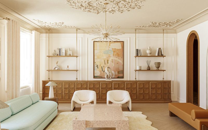 Mẫu trần thạch cao phẳng có phào chỉ cho phòng khách wabi sabi