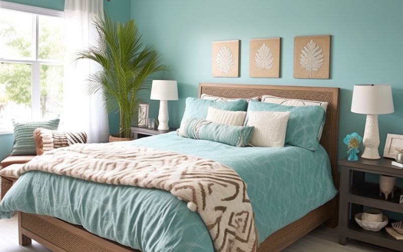 Phòng ngủ biệt thự màu xanh ngọc decor nội thất đậm chất biển