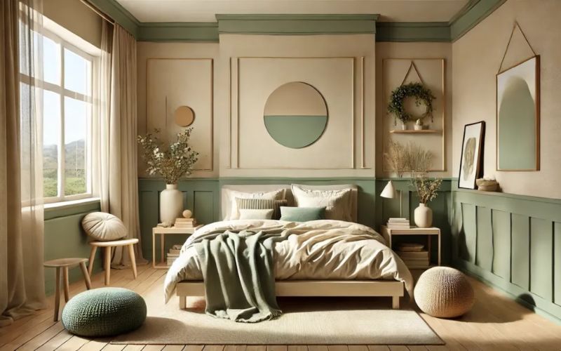 Phòng ngủ hiện đại màu xanh ngọc cùng nâu tạo cảm giác ấm cúng