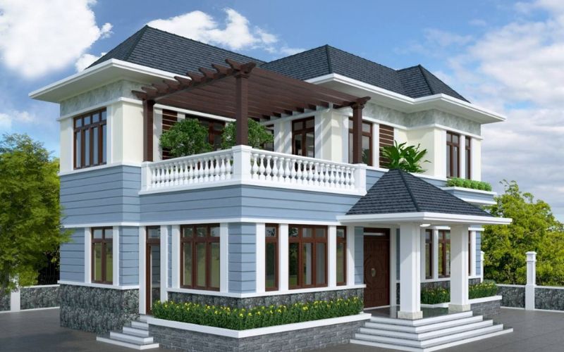 Mẫu sơn mặt tiền nhà biệt thự màu xanh ghi cùng sân vườn tươi mát