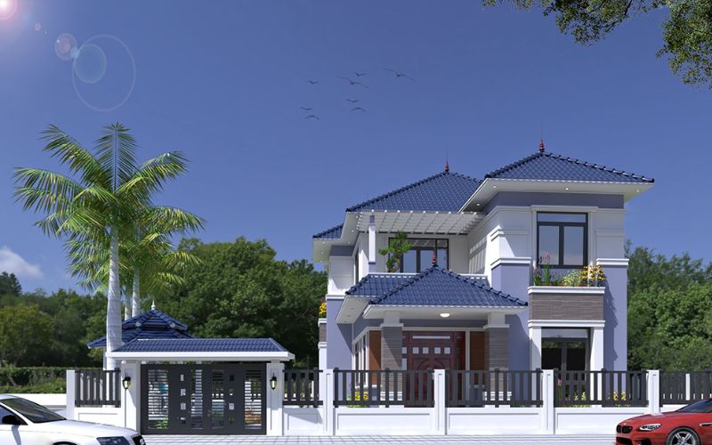 Mẫu sơn mặt tiền biệt thự màu xanh ghi phong cách hiện đại