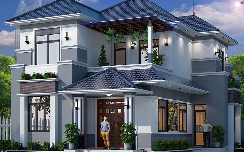 Mẫu sơn mặt tiền màu xanh ghi nhà phố với điểm nhấn đèn tường