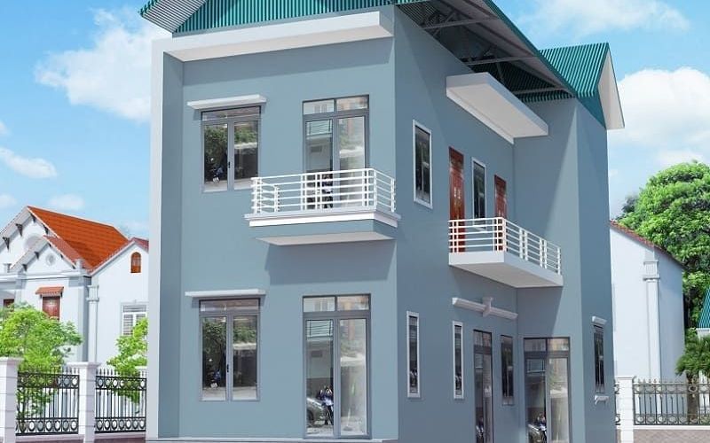 Mẫu sơn mặt tiền màu xanh ghi nhà ống với điểm nhấn lan can