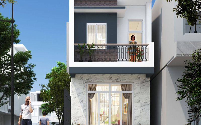 Mẫu sơn mặt tiền màu xanh ghi nhà phố nhấn điểm mặt trước ốp đá