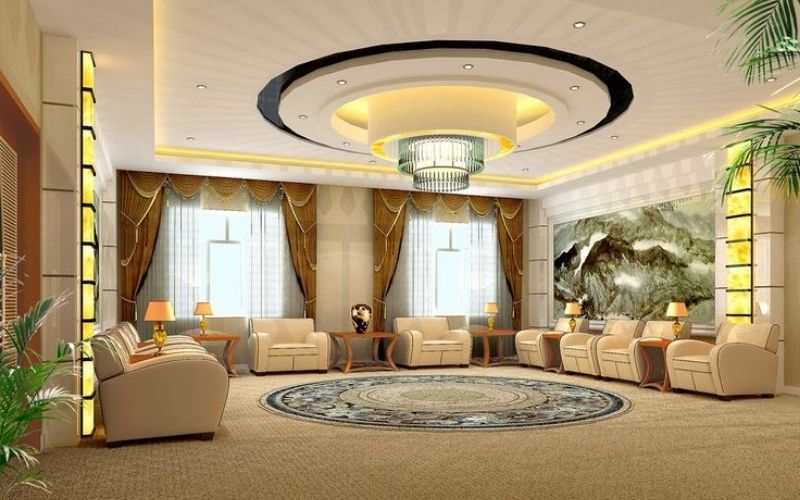 Trần thạch cao phòng khách hình tròn phong cách Tân cổ điển