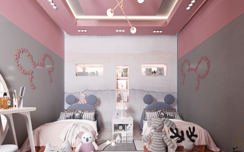 Trần thạch cao phòng ngủ bé gái, tường sơn hai màu hồng hiện đại  