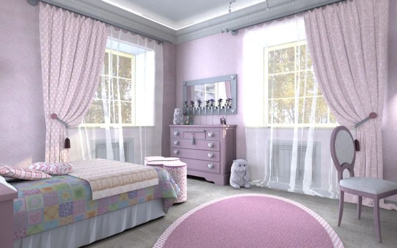 Trần thạch cao phòng ngủ bé gái với kiểu trang trí rèm cửa chấm bi