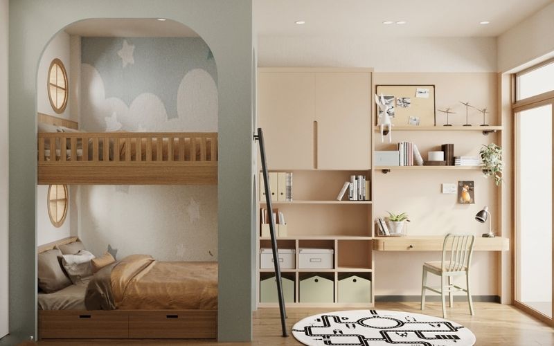 Trần thạch cao cho phòng ngủ bé trai tích hợp nội thất gỗ đa năng