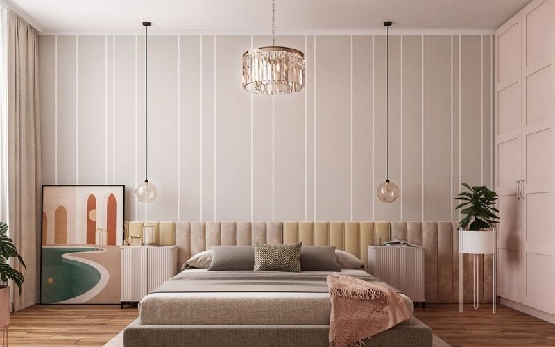 Phòng ngủ với tone màu hồng pastel ấn tượng, trang trí đèn thả thu hút 