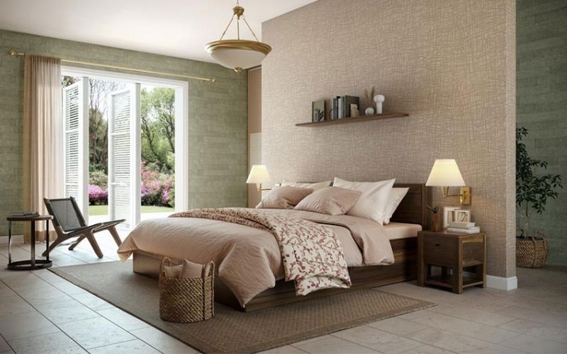 Phòng ngủ với hai tone màu nâu, xanh rêu, kết hợp nội thất gỗ 