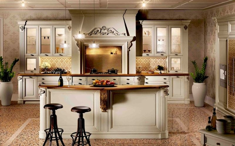 Trần thạch cao phòng bếp cổ điển, trang trí tường hoa văn tinh tế 