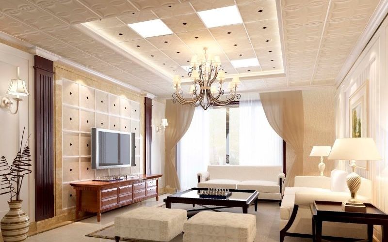 Trần thạch cao phòng khách 30m2 kết hợp đèn chùm cho phòng khách hiện đại