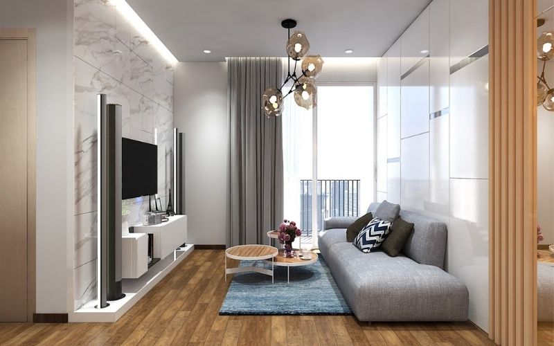 Trần thạch cao phòng khách chung cư kết hợp với đèn chùm