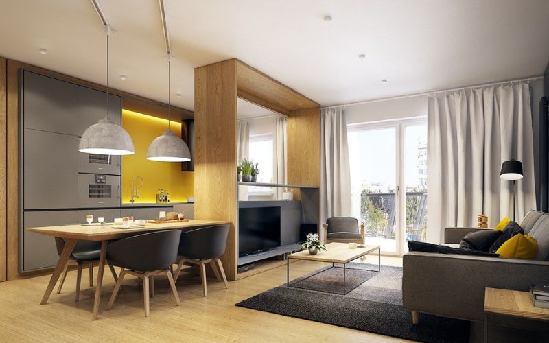 Trần thạch cao chung cư phòng khách với vách ngăn gỗ độc đáo 