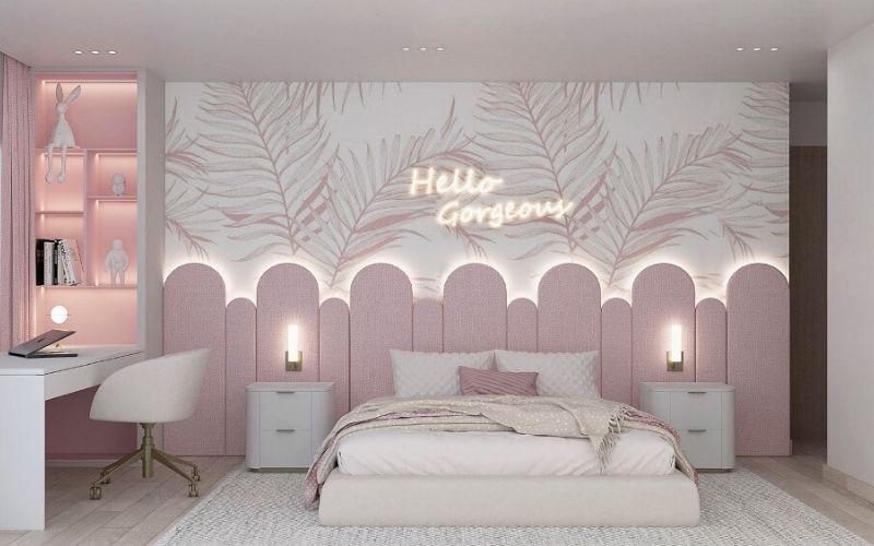 Trần thạch cao phòng ngủ bé gái với tường trang trí sáng tạo 