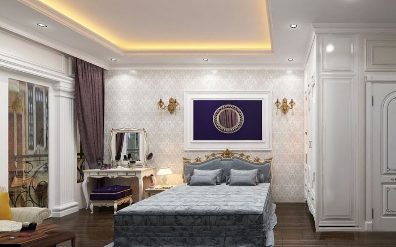 Trần thạch cao phòng ngủ giật cấp theo phong cách Tân cổ điển 