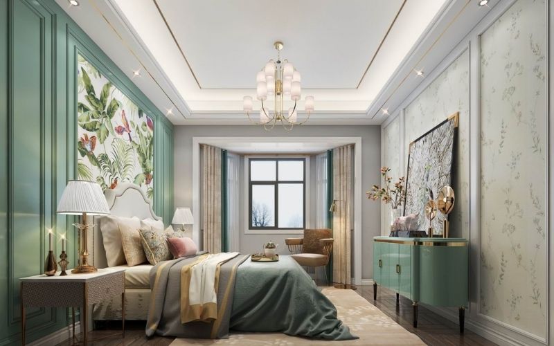 trần thạch cao phòng ngủ giật cấp với tường treo hoa ấn tượng 