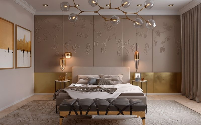 Trần thạch cao phòng ngủ kết hợp đèn trang trí, tường hoa văn độc đáo 