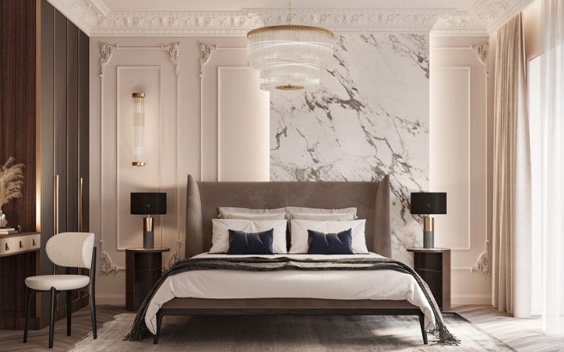 Trần thạch cao phòng ngủ kết hợp đèn trang trí, tường hoa văn tinh xảo 