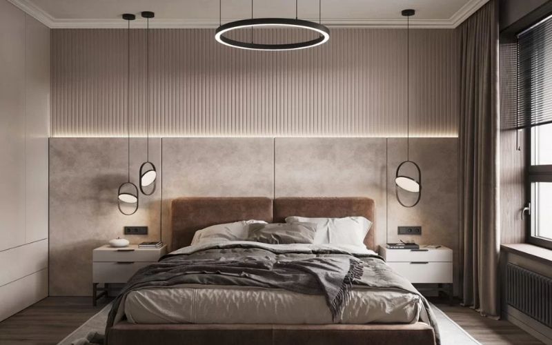 Trần thạch cao phòng ngủ kết hợp đèn trang trí với tường sơn bê tông 