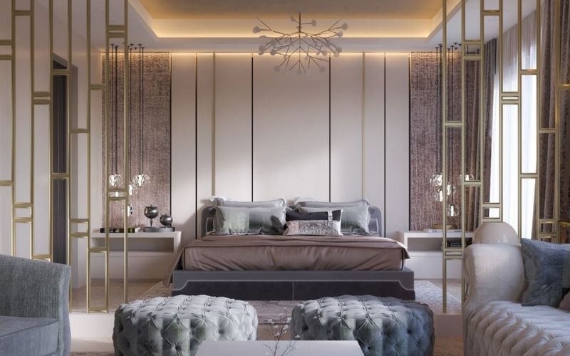Trần thạch cao phòng ngủ kết hợp đèn trang trí, vách ngăn kim loại