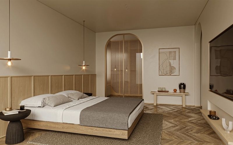 Trần thạch cao phòng ngủ đẹp kết hợp cửa gỗ độc đáo 
