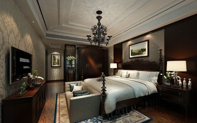 Mẫu trần thạch cao phòng ngủ kết hợp với đèn chùm và nội thất gỗ
