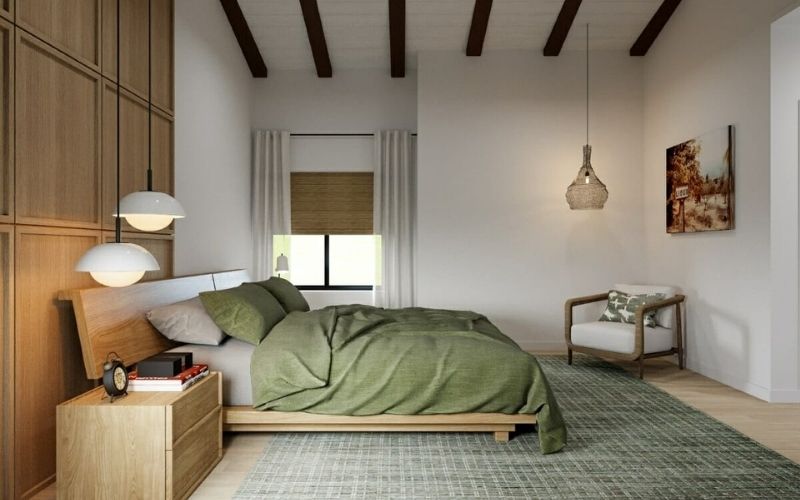 Trần thạch cao phòng ngủ 10m2 với nội thất gỗ đơn giản 