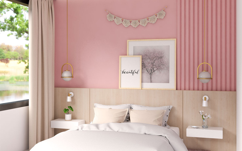 Tường phòng ngủ màu hồng phấn mang vẻ đẹp nhẹ dàng