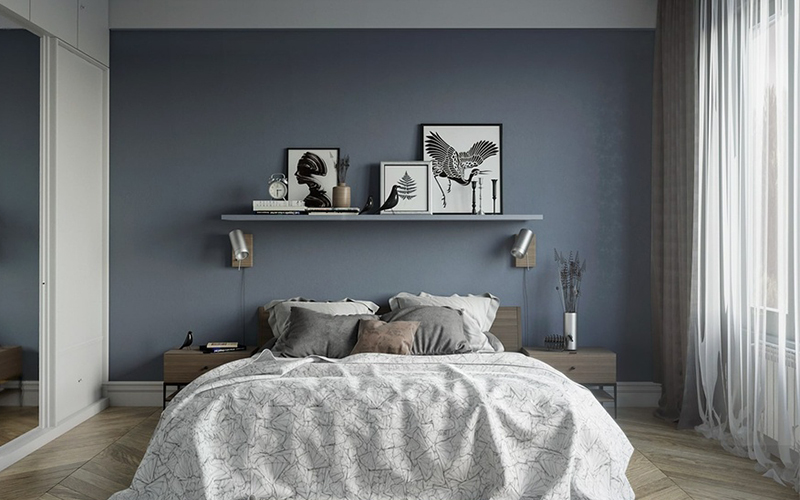 Tường phòng ngủ màu xanh dương ấm áp