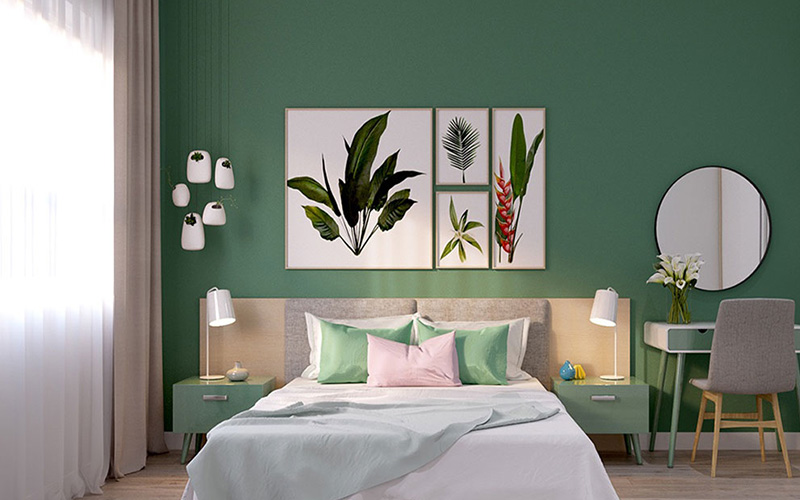 Phòng ngủ xanh ngọc bích kết hợp tranh treo tường